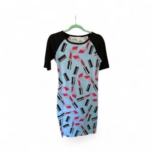 LuLaRoe Black Blue Red Lipstick Print Julia Dress Sz XS